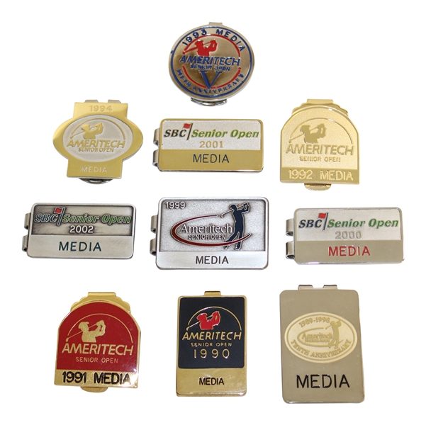 Ten (10) Various 1990-2002 Media Badges from Ameritech Sr. Opens