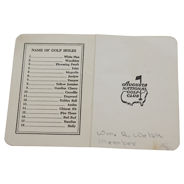 Early 1960s Black Ink Augusta National GC Scorecard Scored by Member Wm. R. Welsh