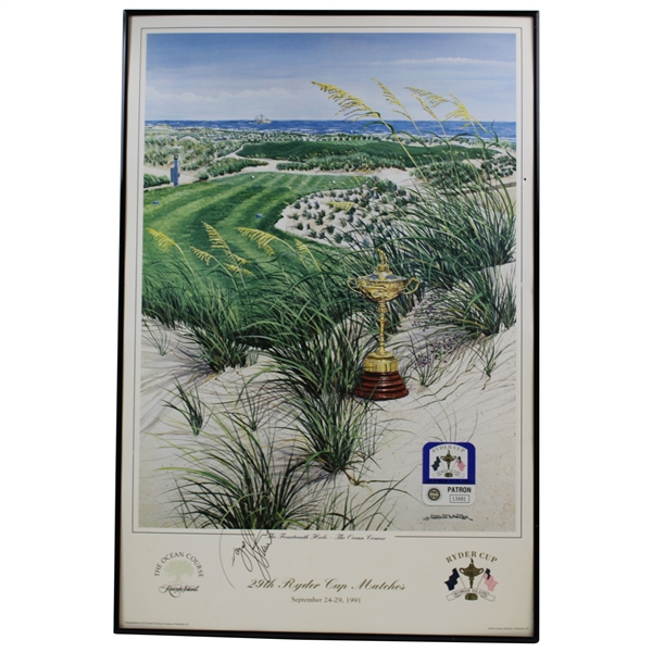 Payne Stewart Signed 1991 Ryder Cup Matches at Kiawah Island Poster w/Badge JSA ALOA