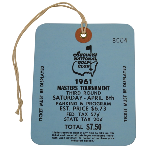 1961 Masters Tournament Saturday Ticket #8004 - Gary Player Winner