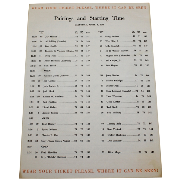 1961 Masters Tournament Saturday Pairings Sheet - Gary Player Winner