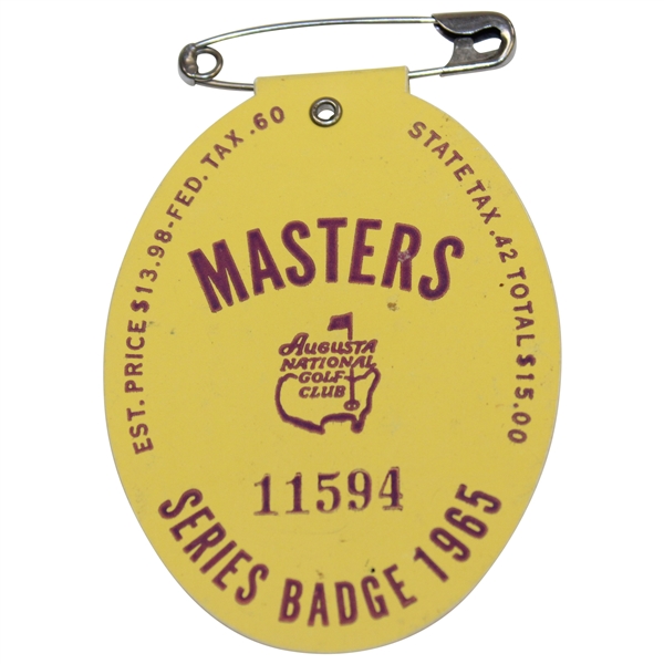 1965 Masters Tournament SERIES Badge #11594 - Jack Nicklaus 2nd Masters Win