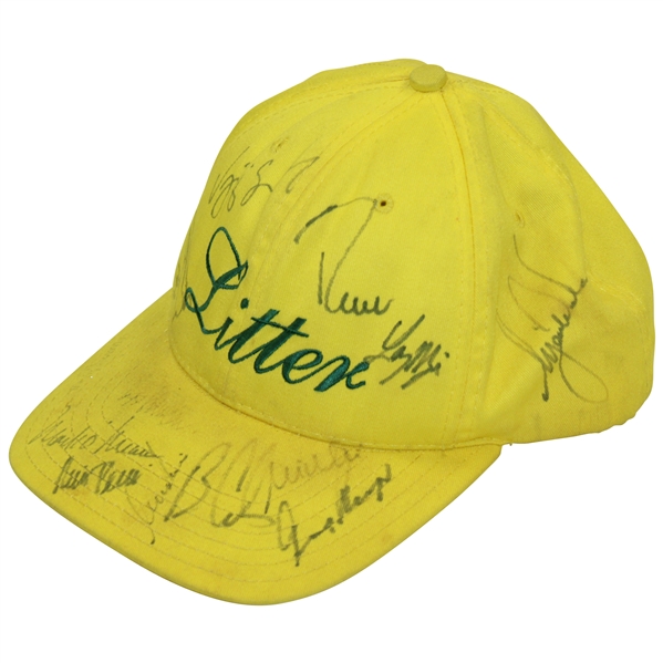 Tiger Woods, Jack Nicklaus & others Signed Masters Yellow Litter Hat JSA ALOA