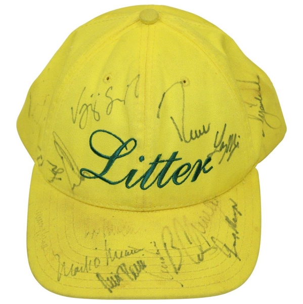 Tiger Woods, Jack Nicklaus & others Signed Masters Yellow Litter Hat JSA ALOA