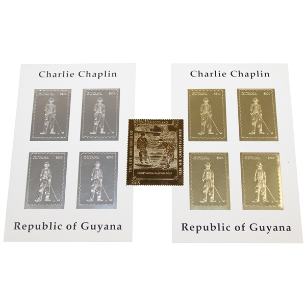 Charlie Chaplin Republic of Guyana Gold & Silver Foil Golf Stamps w/H. M. The Queen Mother 22K Gold Foil Stamp