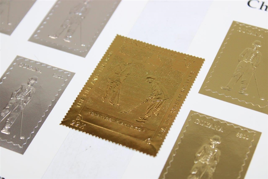 Charlie Chaplin Republic of Guyana Gold & Silver Foil Golf Stamps w/H. M. The Queen Mother 22K Gold Foil Stamp