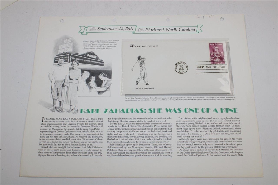 Bobby Jones, Babe Zaharias & Carole Blanagar - 4 Stamp Set + Large Sept 22, 1981 Pinehurst Babe Zaharias Fdc