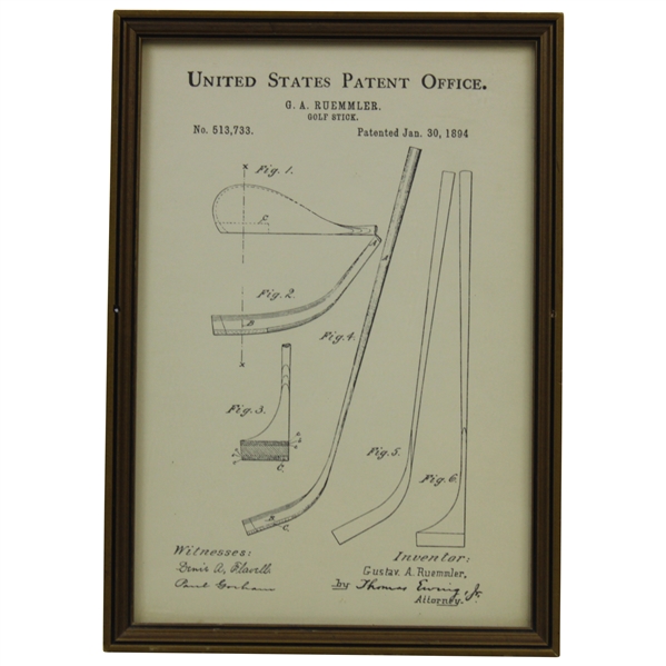 United States Patent Office Patent No. 513,733 Patented Jan. 30, 1894 Golf Stick Print - Framed