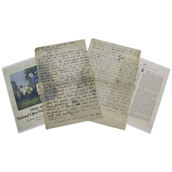 Charles Chick Evans Handwritten Letter on 1928 US Open at Olympia Fields - Used in Program Article - Significant Content