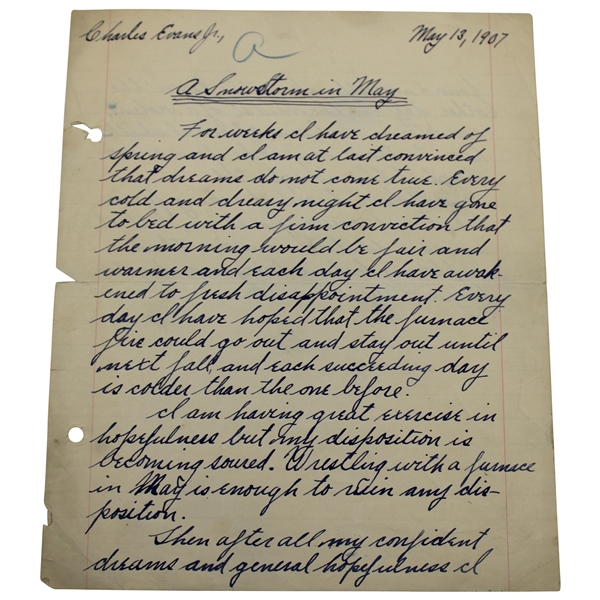 Charles Chick Evans Signed Handwritten 1907 A Snowstorm in May