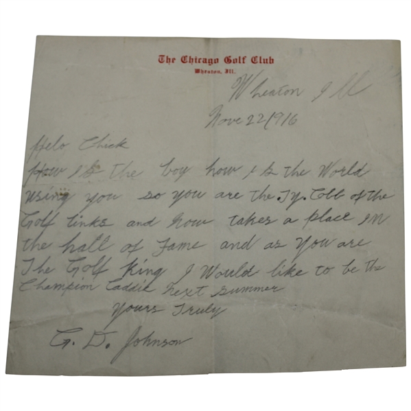 G.D. Johnson Signed 1916 Handwritten Letter on Chicago GC Letterhead to Charles Chick Evans - Ty Cobb Comparison