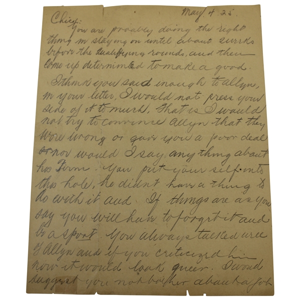 "Ray" Signed 1925 Handwritten Letter to Charles Chick Evans Referencing Evans The Open Travel Schedule