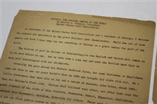 1928 US Open at Olympia Fields 'Chicago, The Golfing Center of the World' by USGA President Melvin A. Traylor Typed Welcome Letter