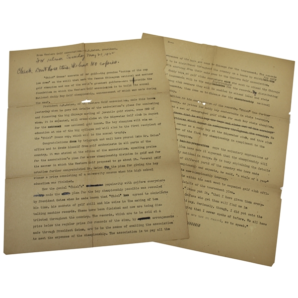 1922 Western Golf Association by A.R. Gates Typed Letter to Chick Evans - Dont Lose - We Have No Copies!