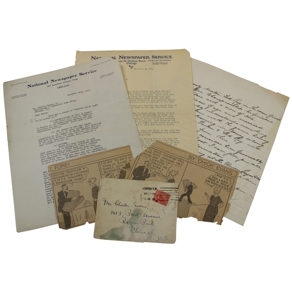Charles Chick Evans Handwritten Letter with Two Comic Strips and National Newspaper Service Info.