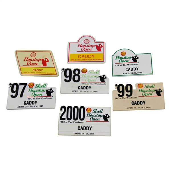 Seven (7) Caddy Badges Houston Open 92, 94, 95, 97, 98, 99, & 00