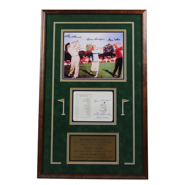 Byron Nelson, Gene Sarazen & Sam Snead Signed Augusta Scorecard w/Photo - Framed JSA FULL