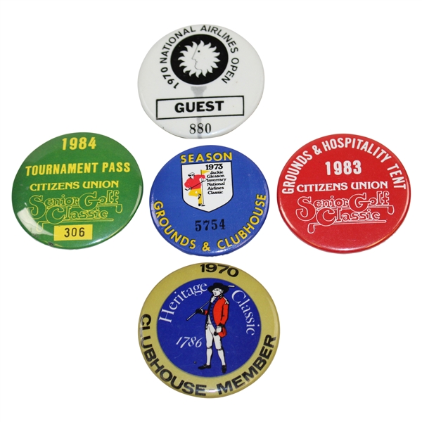 Sam Sneads Senior Golf Classic, National Airlines Open & Heritage Classic Badges - 1970, 1973, 1983 & 1984