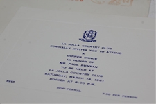 1961 Dinner Dance for Paul Runyan at La Jolla Country Club Invitation