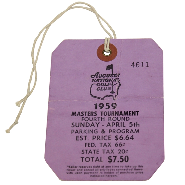 1959 Masters Tournament Sunday 4th Final Round Ticket #4611 with Original String