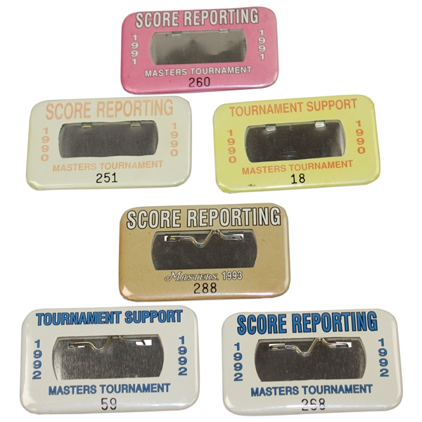 1990, 1990, 1991, 1992, 1992 & 1993 Masters Tournament Scorer/Support/Reporting Badges