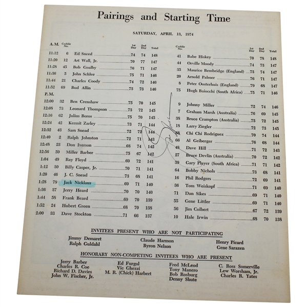 Jack Nicklaus Signed 1974 Masters Tournament Saturday Pairing Sheet JSA ALOA