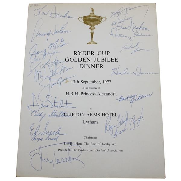 1977 Ryder Cup Dinner Menu Signed By Both Teams, Captains & US Wives JSA ALOA