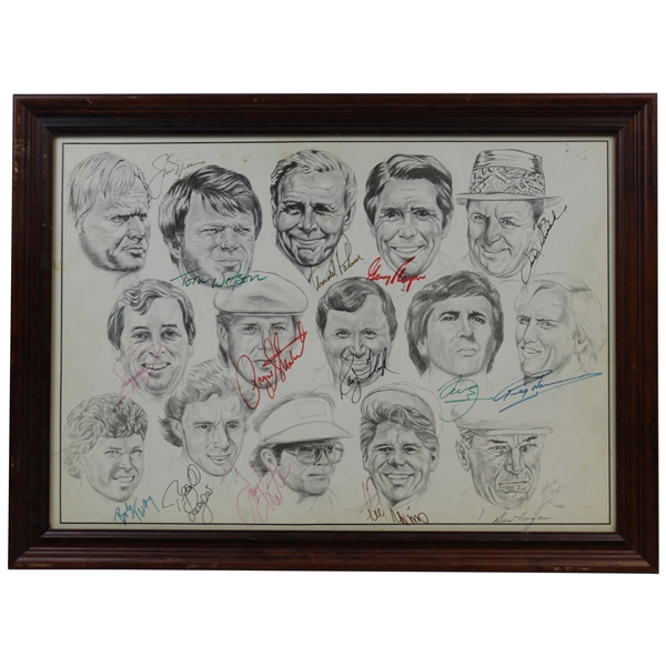 Hogan, Nicklaus, Seve & 12 Other Signed 1987 Legends Of The Game Caricature Print - Framed JSA ALOA