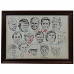 Hogan, Nicklaus, Seve & 12 Other Signed 1987 Legends Of The Game Caricature Print - Framed JSA ALOA