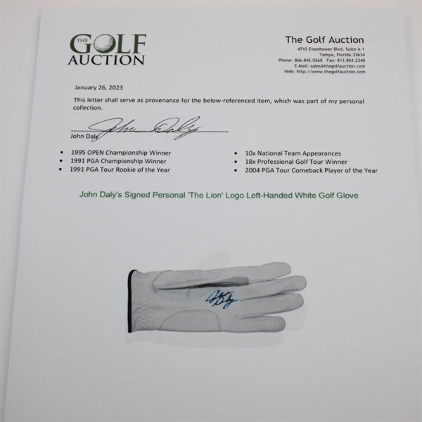 John Daly's Signed Personal 'The Lion' Logo Left-Handed White Golf Glove JSA ALOA