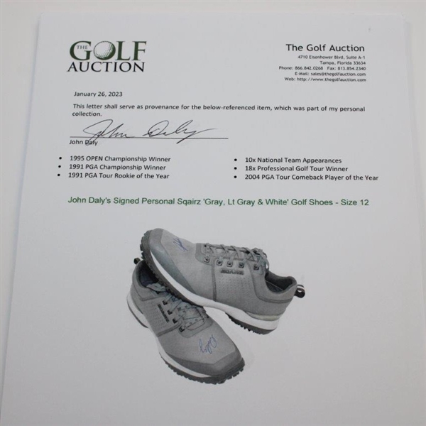 John Daly's Signed Personal Sqairz 'Gray, Lt Gray & White' Golf Shoes - Size 12 JSA ALOA