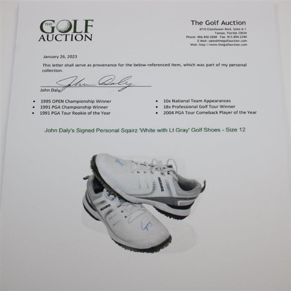 John Daly's Signed Personal Sqairz 'White with Lt Gray' Golf Shoes - Size 12 JSA ALOA