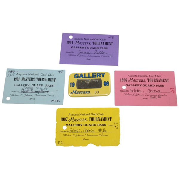 1991, 1994, 1996 & 1997 Masters Gallery Guard Passes with 1996 Gallery Badge