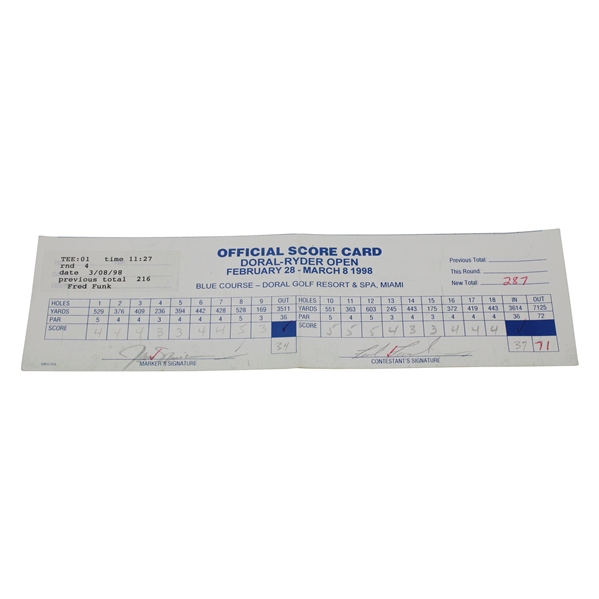 Fred Funk Signed 1998 Doral Ryder Open 4th Rd Scorecard with Jack Nicklaus Marker