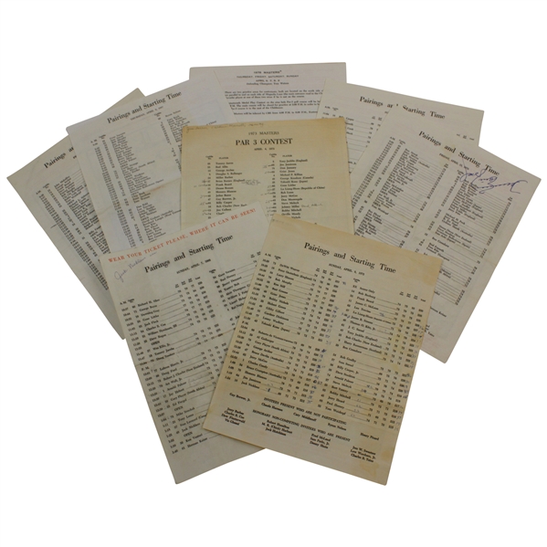 Eight (8) Masters Tournament Pairing Sheets - 1963, 1972, 1973, 1975, 1978, 1979(x2) & 1987