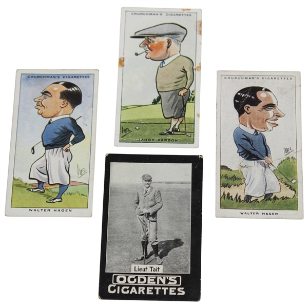 Three (3) Churchmans Cigarette Golf Cards (Hagen x2 & Vardon) with Tait Ogden Card