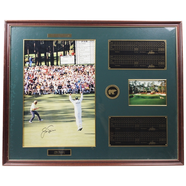 Jack Nicklaus Signed 1986 Scorecard Deluxe Presentation w/Putter Raise Photo - Framed JSA ALOA