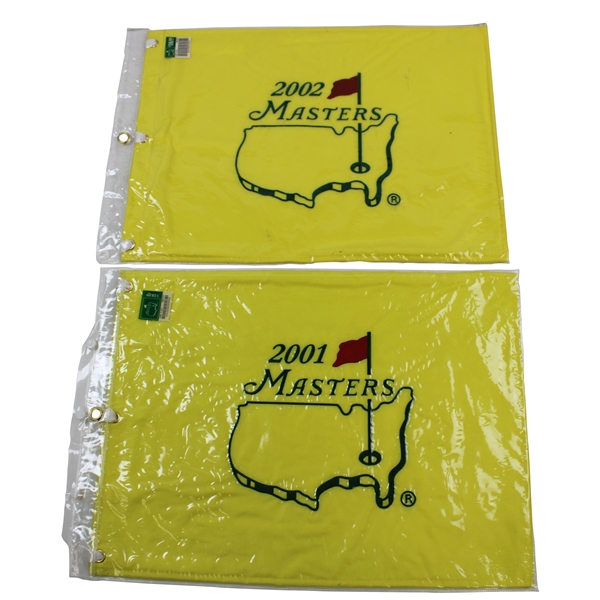 2001 & 2002 Masters Tournament Embroidered Flags in Original Packages - Tiger Wins