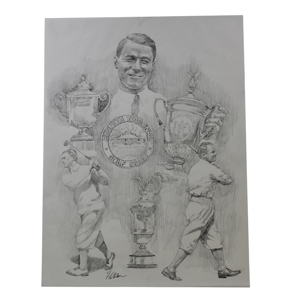 Original Gene Sarazen Grand Slam Pencil on Paper Study Sketch by Artist Robert Fletcher