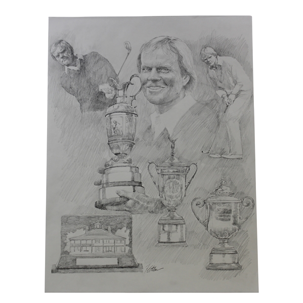 Original Jack Nicklaus Grand Slam Pencil on Paper Study Sketch by Artist Robert Fletcher