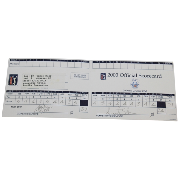 Annika Sorenstams First Woman in 50yrs To Play PGA Tour Event Rd 1 Official Scorecard - 2003 Colonial