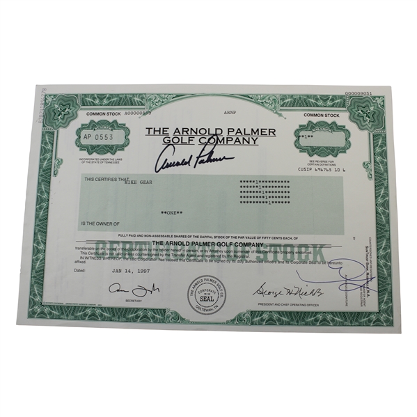 Arnold Palmer Signed The Arnold Palmer Co. Common Stock Certificate #AP0553 JSA ALOA