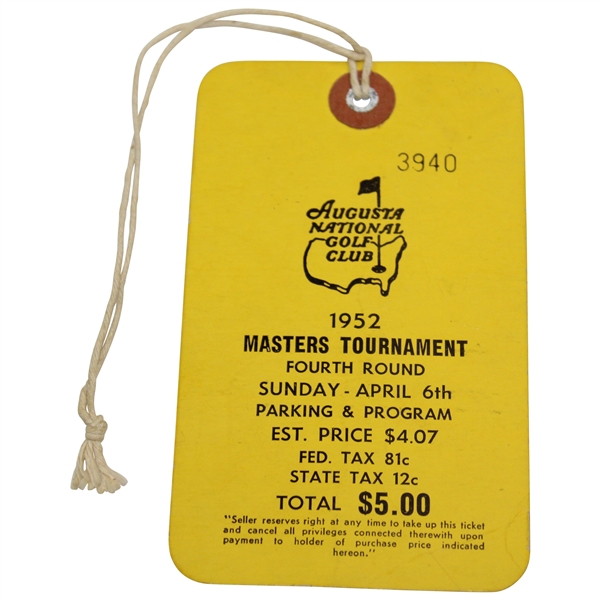 1952 Masters Tournament Sunday 4th Rd Final Day Ticket #3940