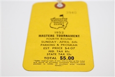 1952 Masters Tournament Sunday 4th Rd Final Day Ticket #3940