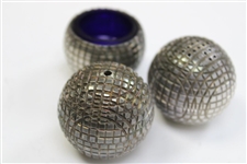Golf Condiment Set w/Salt, Pepper & Mustard Pot Golf Balls by Sheffield E.P.N.S.