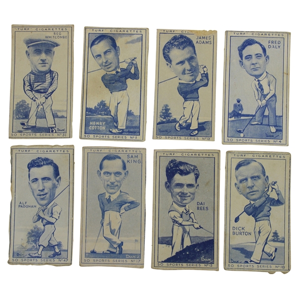 Eight (8) 1941 Turf Cigarettes Sports Series Golf Cards w/Henry Cotton, Dai Rees & others