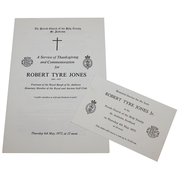 Memorial Services at St. Andrews For The Late Robert Tyre Jones Program & Ticket