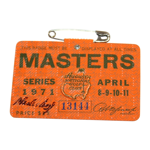 Charles Coody Signed 1971 Masters SERIES Badge #13144 JSA ALOA