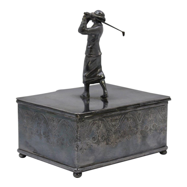 Vintage Female Post Swing Figural Golfer Silver Company Box w/ Ornate Detailing 
