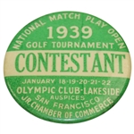 Ralph Hutchisons 1939 National Match Play Open at Olympic Club-Lakeside Contestant Badge